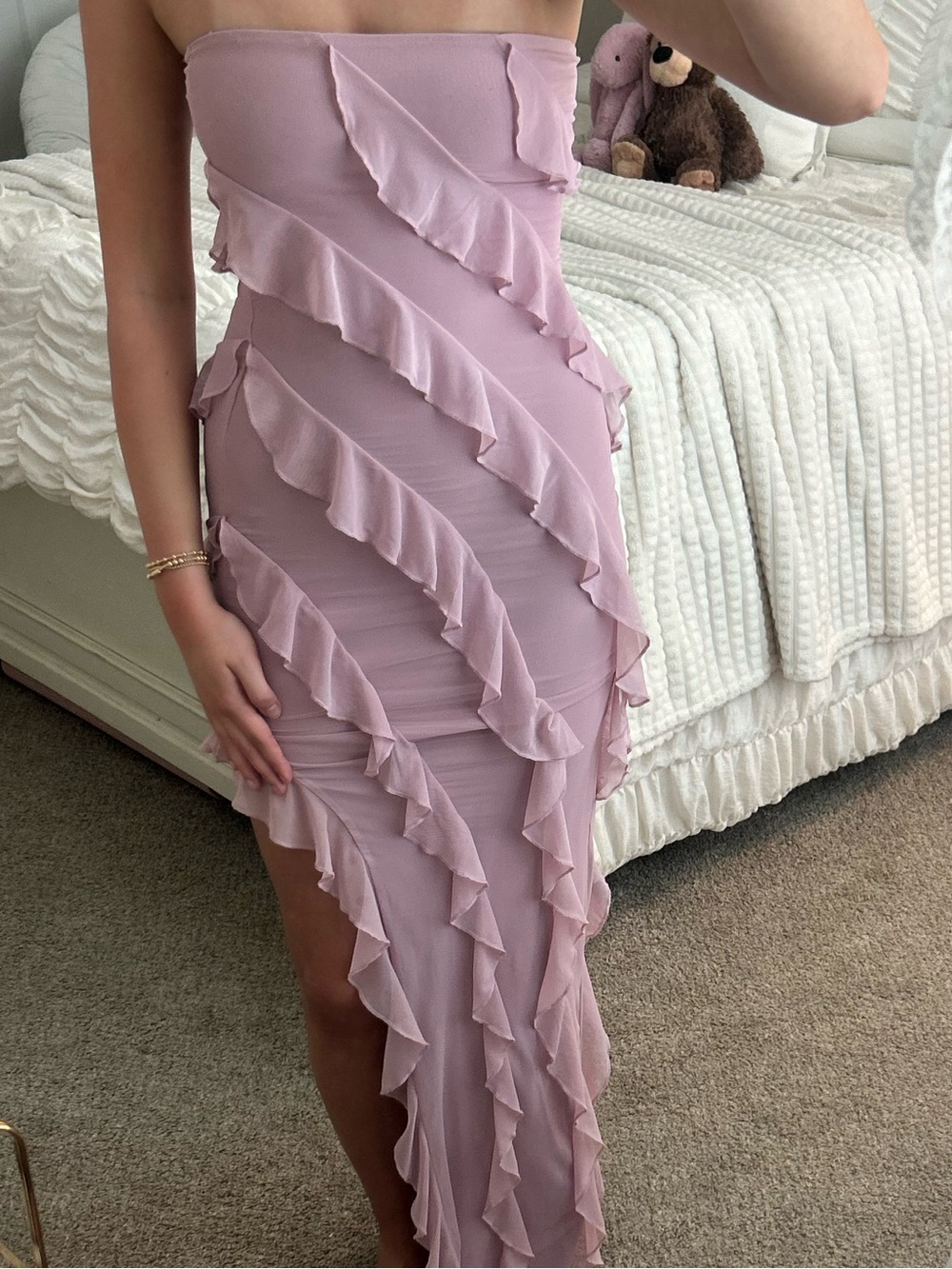 Oh Polly Strapless Ruffle Asymmetric Midi Dress - Dusty Pink